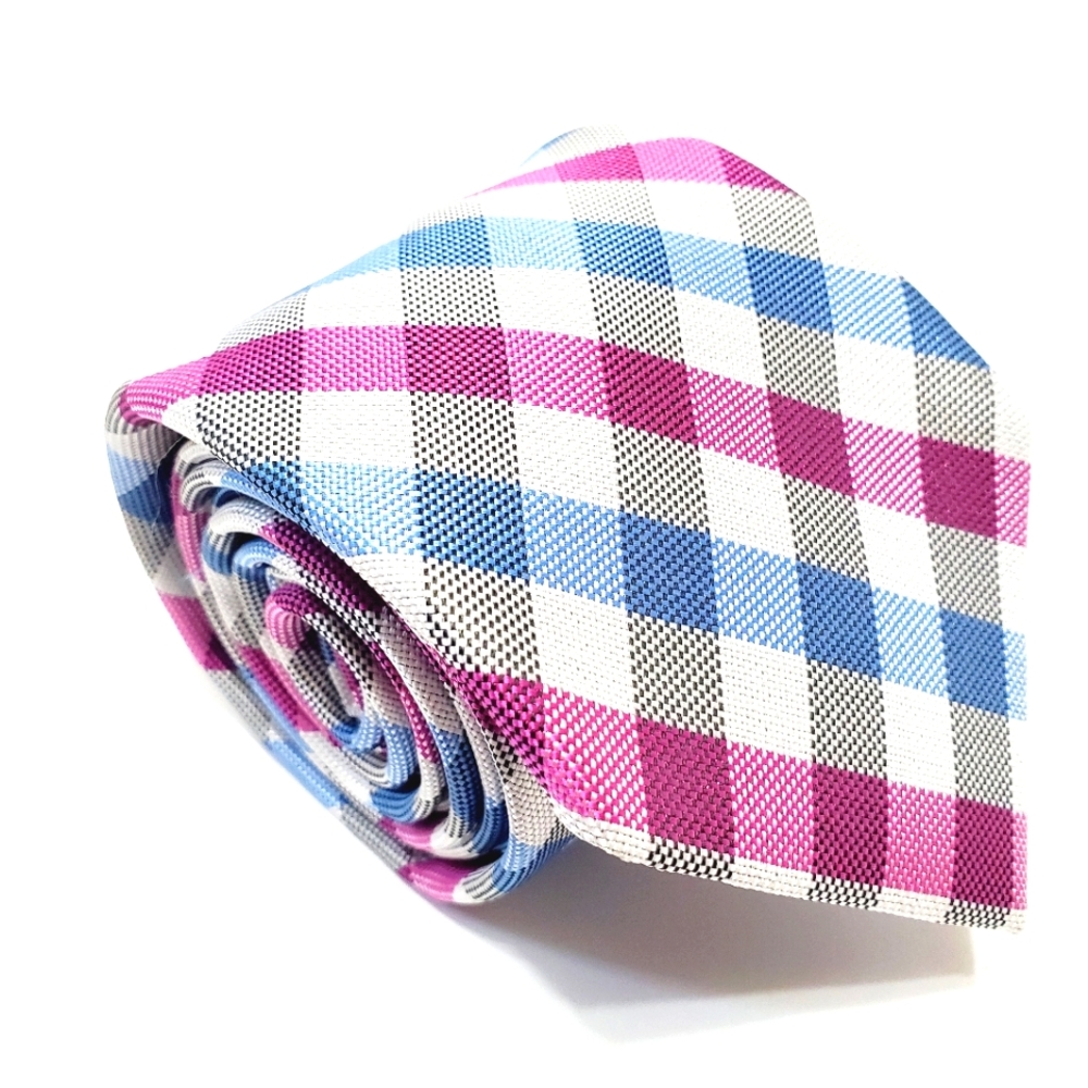 George Necktie Pink & Blue Plaid Pattern Men's Neck Tie 59x3.25"